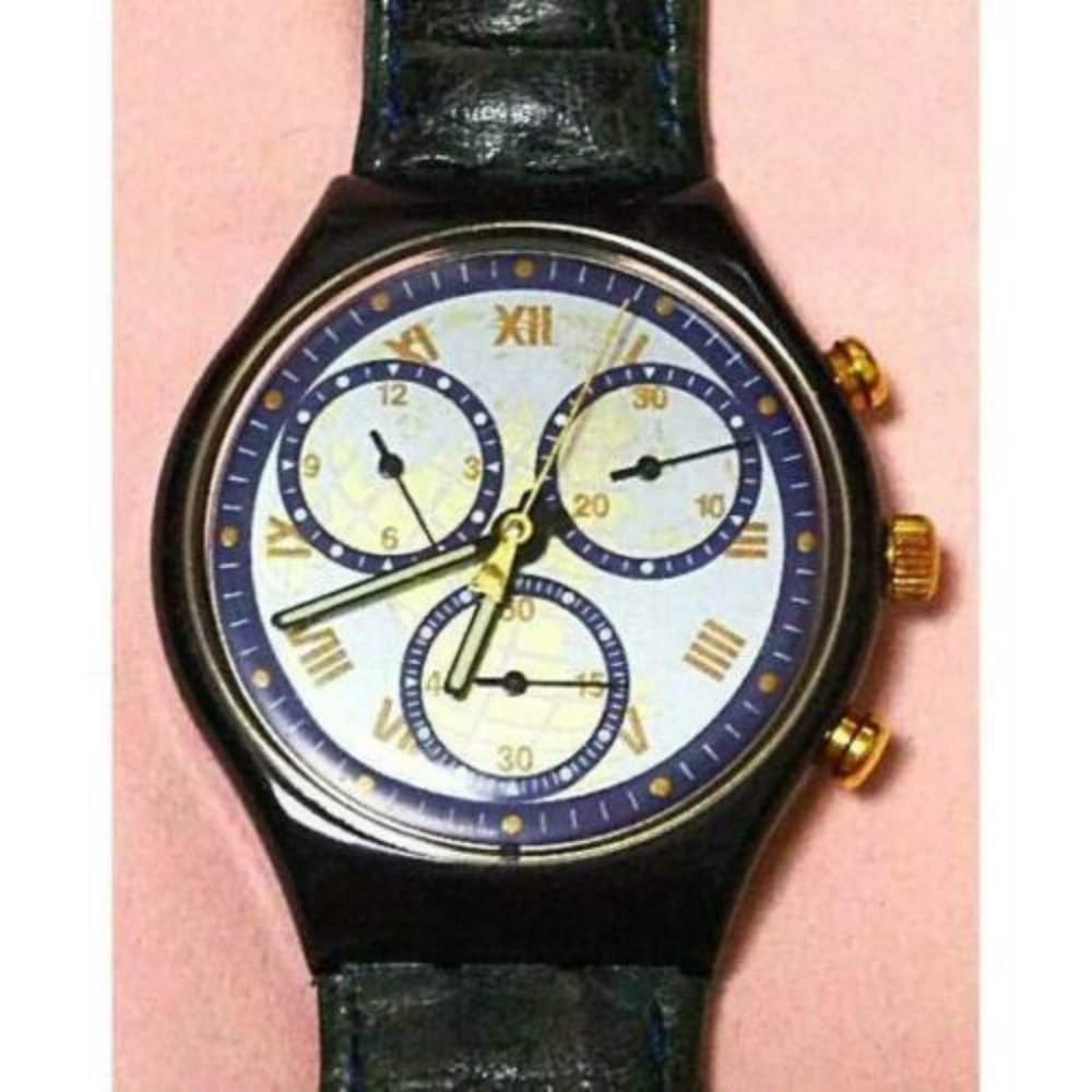 SWATCH SCN104 Timeless Zone Chrono Blue Leather Swiss Watch 1992 RARE